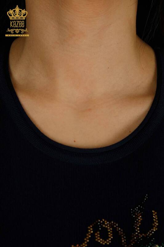 Женский вязаный свитер оптом с виноградным узором темно-синий - 30488 | КАZEE