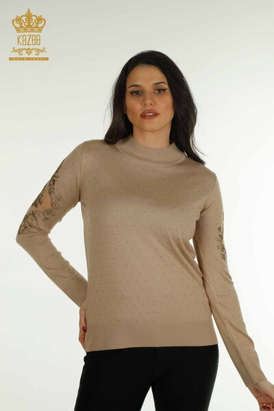 KAZEE - Женский вязаный свитер с вышивкой оптом, бежевый - 30892 | КАZEE