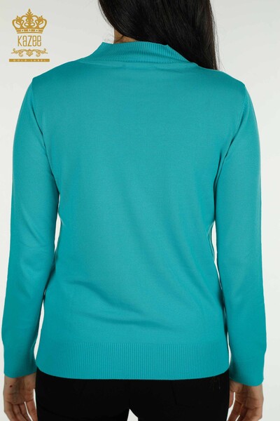 Женский вязаный свитер оптом с высоким воротником, базовый бирюзовый - 30613 | КAZEE - Thumbnail