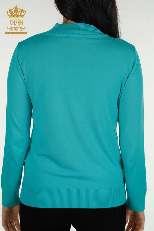 Женский вязаный свитер оптом с высоким воротником, базовый бирюзовый - 30613 | КAZEE