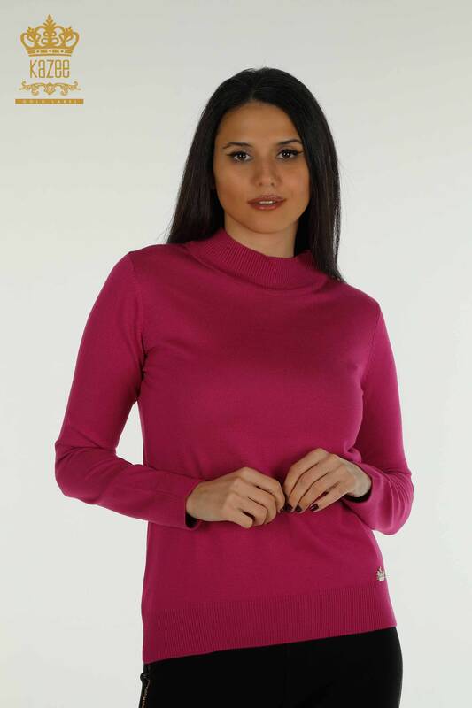 Женский вязаный свитер оптом с высоким воротником, базовый цвет фуксия - 30613 | КAZEE