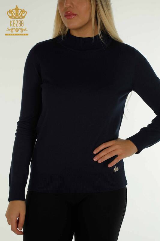 Женский вязаный свитер с высоким воротником оптом, базовый темно-синий - 30613 | КАZEE