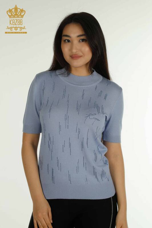 Женский вязаный свитер с высоким воротником оптом, синий - 30599 | КАZEE