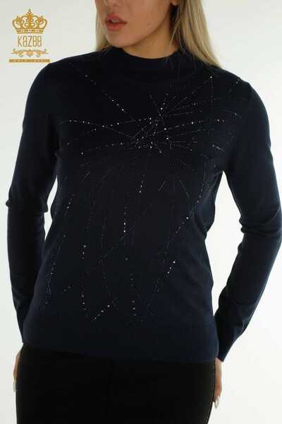 Женский вязаный свитер с высоким воротником темно-синий оптом - 30454 | КАZEE - Thumbnail