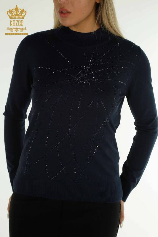 Женский вязаный свитер с высоким воротником темно-синий оптом - 30454 | КАZEE