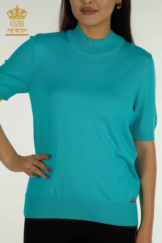 Женский вязаный свитер с высоким воротником из вискозы, бирюзовый оптом - 16168 | КАZEE