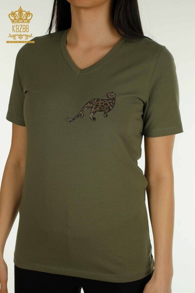 Женская блузка оптом с леопардовой вышивкой цвета хаки - 79484 | КАZEE - Thumbnail