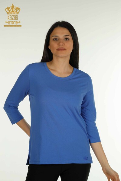 Женская блузка Сакс с каменной вышивкой оптом - 79565 | КАZEE - Thumbnail