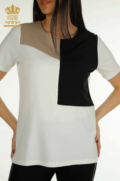 Kazee - Женская блузка оптом с вышивкой камнями экрю-бежевого цвета - 79529 | КАZEE (1)
