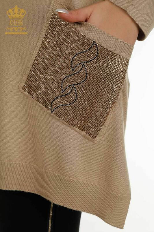 Женский вязаный свитер с карманами оптом, бежевый - 30622 | КАZEE