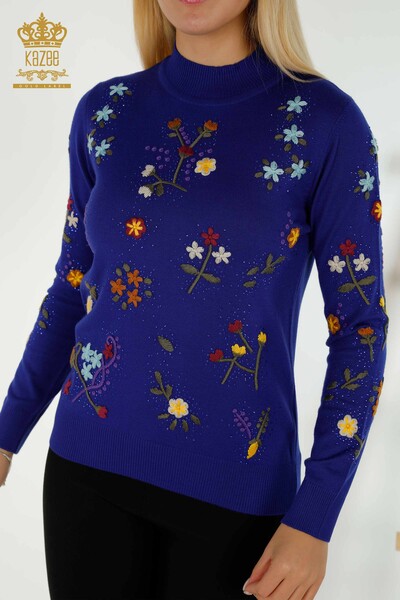 Kazee - Женский вязаный свитер оптом сакс с разноцветной цветочной вышивкой - 16445 | КАZEE (1)