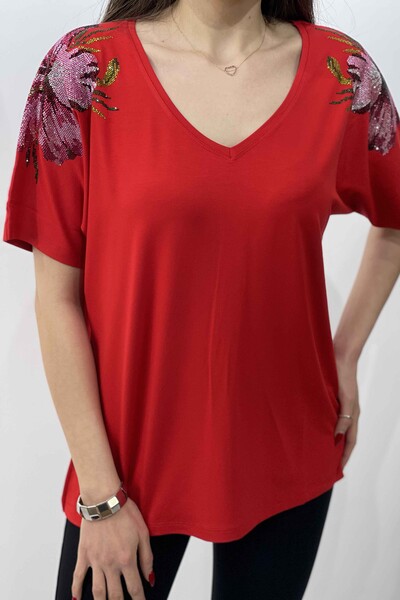 оптом Женская блузка с цветочным узором из горного хрусталя на плече с коротким рукавом - 77800 | КАZЕЕ - Thumbnail