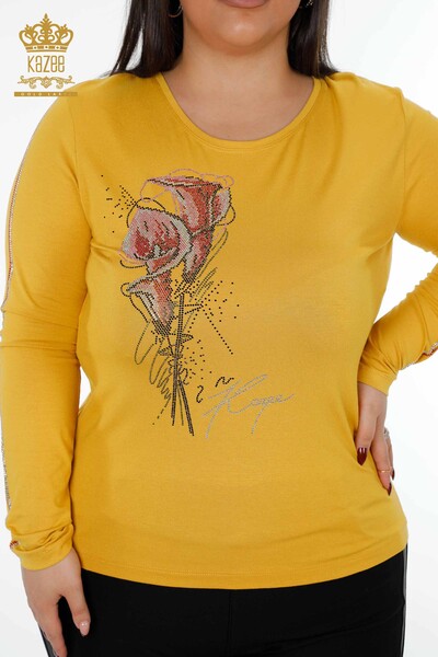 оптовая продажа женская блузка с круглым вырезом и полосой с вырезом из камня и розы - 79023 | КАZЕЕ - Thumbnail