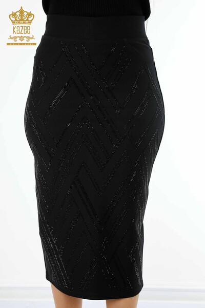 оптовая продажа женская длинная юбка с узором из камня и вышитым карманом - 4199 | КАZЕЕ - Thumbnail