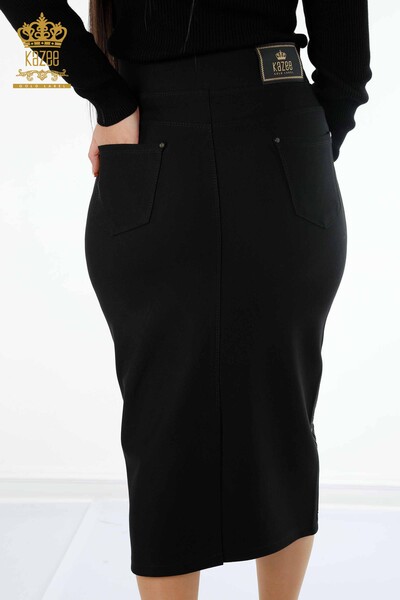 оптовая продажа женская длинная юбка с узором из камня и вышитым карманом - 4199 | КАZЕЕ - Thumbnail