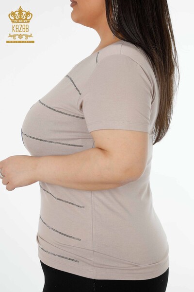 Женская блузка с круглым вырезом и вышивкой оптом бежевая - 78970 | КАZEE - Thumbnail