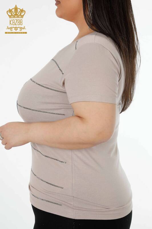 Женская блузка с круглым вырезом и вышивкой оптом бежевая - 78970 | КАZEE