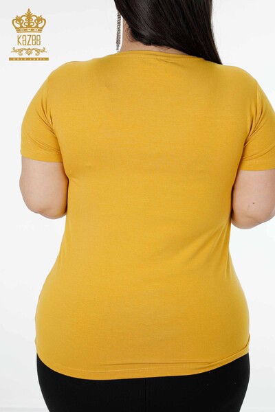 оптом Женская блузка с вышивкой камнем с круглым вырезом Шафран - 78970 | КАZЕЕ - Thumbnail