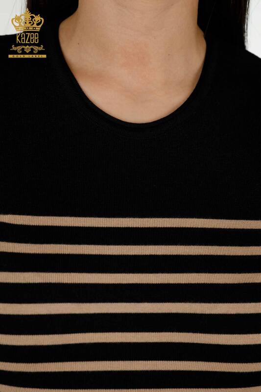 оптом женский трикотаж свитер в полоску с коротким рукавом черный экрю - 30396 | КАZЕЕ