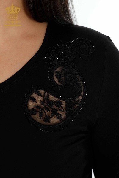 оптовый женский трикотаж свитер с V-образным вырезом и кристаллами, вышитый камнем, тюль - 79008 | КАZЕЕ - Thumbnail