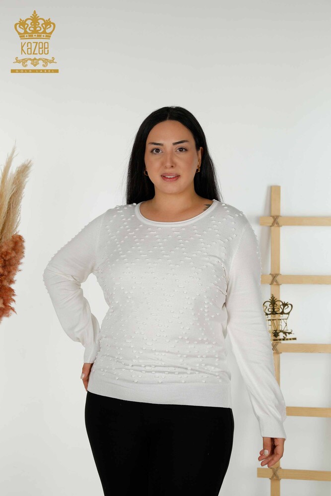 Оптовая Женский Трикотаж Свитер с Круглым Вырезом Экрю - 30408 ​​| КАZЕЕ - 1