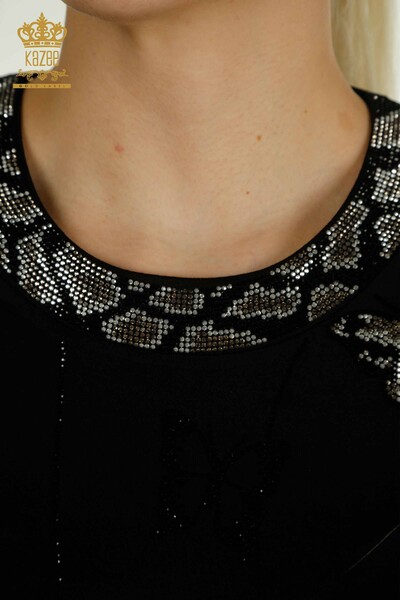 Женская блузка с узором бабочки оптом, черная - 79381 | КАZEE - Thumbnail