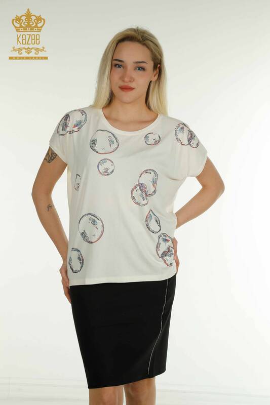Оптовая женская блузка с вышивкой камнями экрю - 79359 | КАZEE