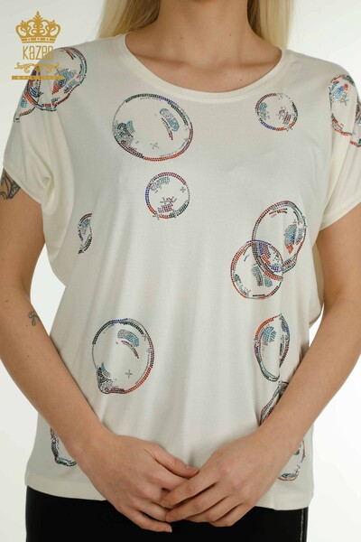 Kazee - Оптовая женская блузка с вышивкой камнями экрю - 79359 | КАZEE (1)
