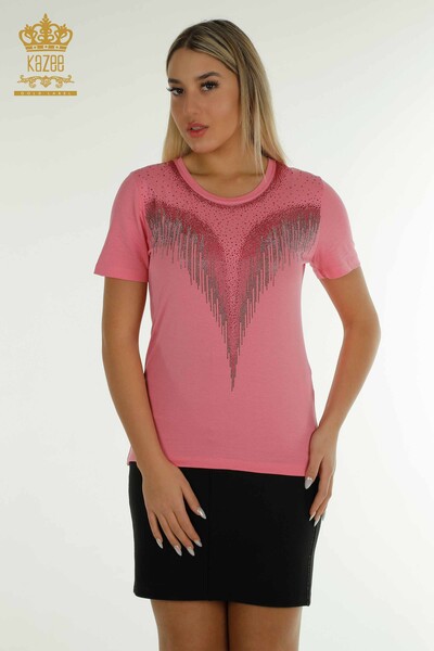 Женская блузка с вышивкой розового цвета оптом - 79348 | КAZEE - Thumbnail