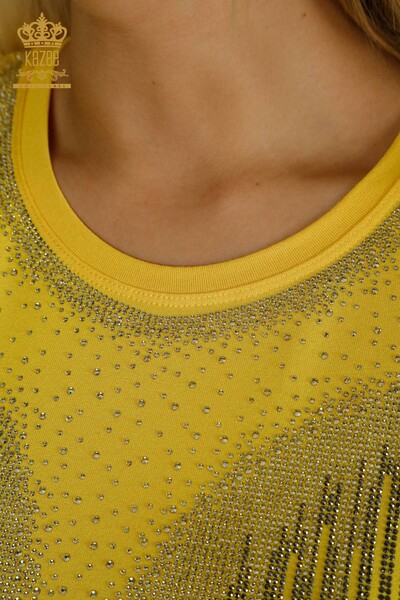Женская блузка с каменной вышивкой оптом, желтая - 79348 | КАZEE - Thumbnail