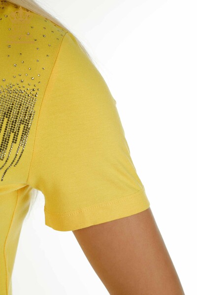 Женская блузка с каменной вышивкой оптом, желтая - 79348 | КАZEE - Thumbnail