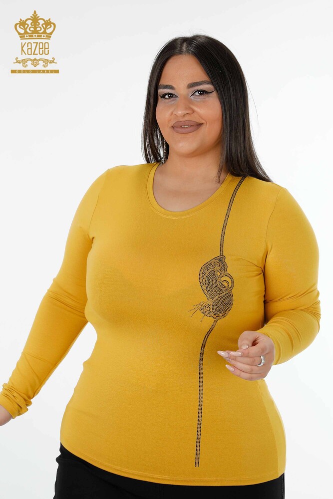 Оптовая Женская Блузка Вышитая Камнем Круглый Вырез Шафран - 79000 | КАZEE - 1