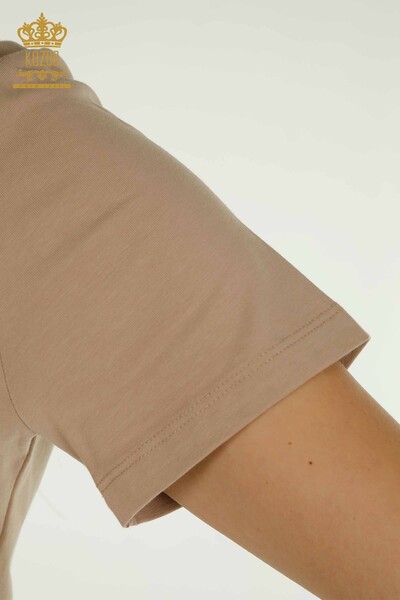Женская блузка оптом с каменной вышивкой бежевого цвета - 79468 | КАZEE - Thumbnail