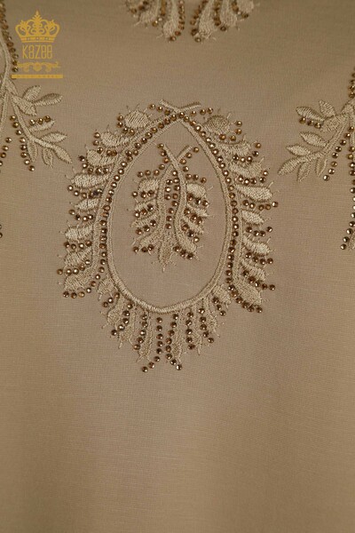 Женская блузка с вышивкой камнями оптом, бежевая - 79556 | КАZEE - Thumbnail