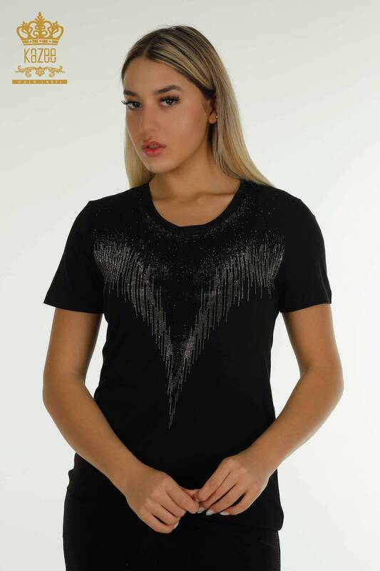 Женская блузка с каменной вышивкой оптом, черная - 79348 | КАZEE