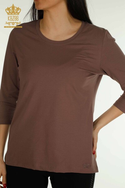 Женская блузка с каменной вышивкой оптом, коричневая - 79565 | КАZEE - Thumbnail