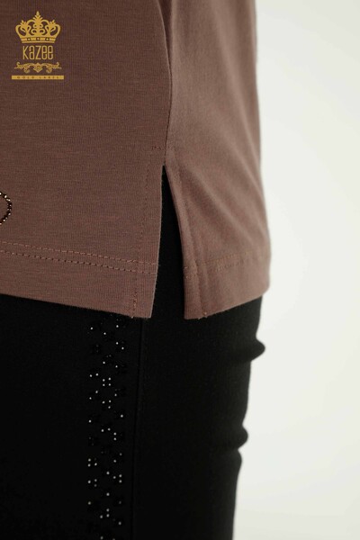 Женская блузка с каменной вышивкой оптом, коричневая - 79565 | КАZEE - Thumbnail
