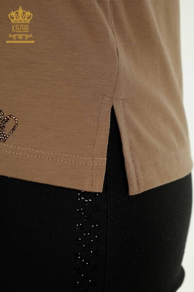 Женская блузка оптом с каменной вышивкой светло-коричневого цвета - 79565 | КАZEE - Thumbnail
