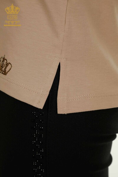 Женская блузка оптом с каменной вышивкой темно-бежевого цвета - 79565 | КАZEE - Thumbnail