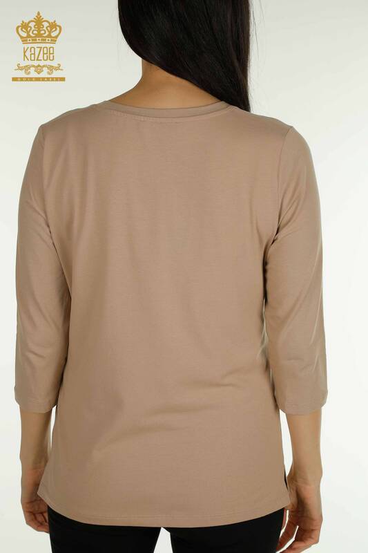 Женская блузка оптом с каменной вышивкой темно-бежевого цвета - 79565 | КАZEE