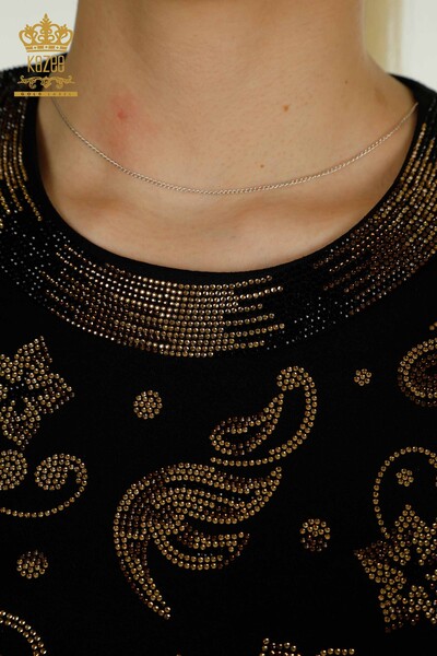 Женская блузка с каменной вышивкой оптом, черная - 79379 | КАZEE - Thumbnail (2)