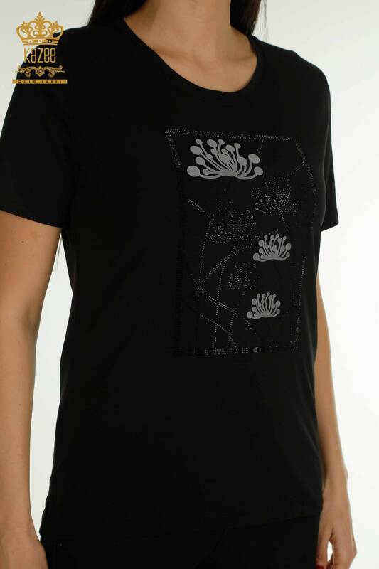 Женская блузка оптом с вышивкой камнями, черная - 79863 | КАZEE