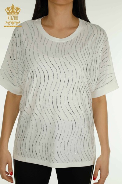 Kazee - Оптовая женская блузка с вышивкой камнями экрю - 79651 | КАZEE (1)