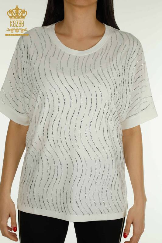 Оптовая женская блузка с вышивкой камнями экрю - 79651 | КАZEE