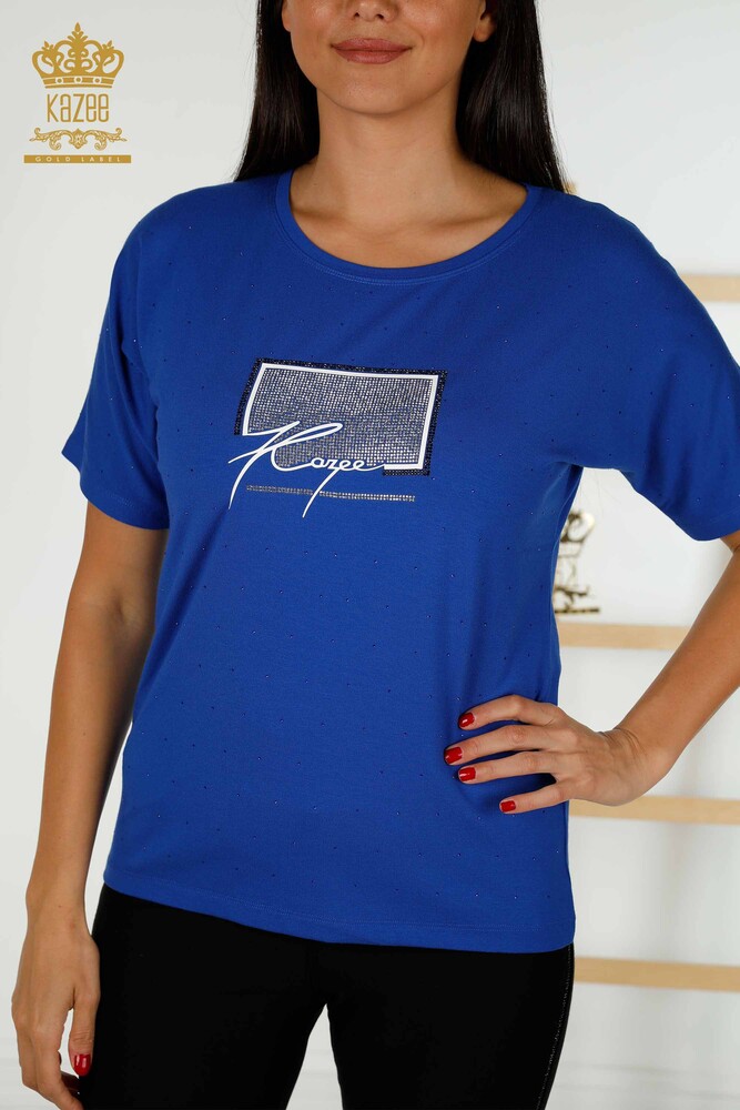 Оптовая Женская Блузка Вышитая Хрустальным Камнем Сакс - 79389 | КАZЕЕ - 2