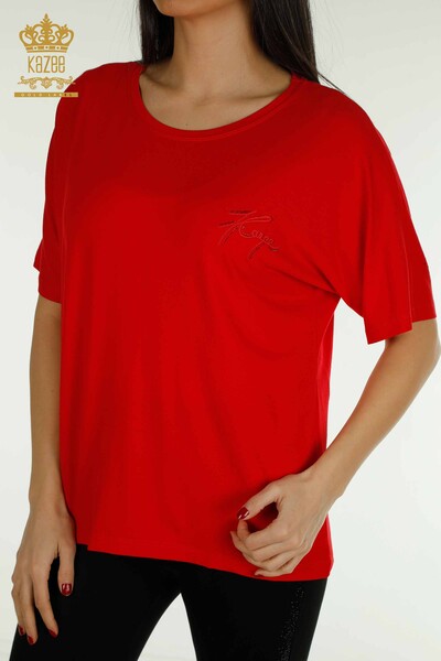 Оптовая Женская блузка с коротким рукавом красная - 79302 | КАZЕЕ - Thumbnail