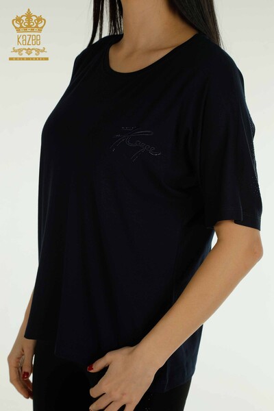 Оптовая Женская блузка с коротким рукавом темно-синий - 79302 | КАZЕЕ - Thumbnail