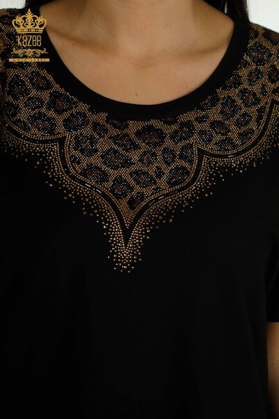 Женская блузка с леопардовой вышивкой оптом, черная - 79367 | КАZEE - Thumbnail