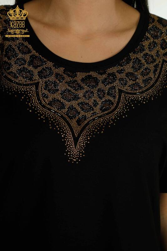 Женская блузка с леопардовой вышивкой оптом, черная - 79367 | КАZEE