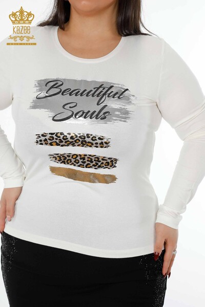 Женская блузка с леопардовой вышивкой и круглым вырезом оптом - 79012 | КАZЕЕ - Thumbnail